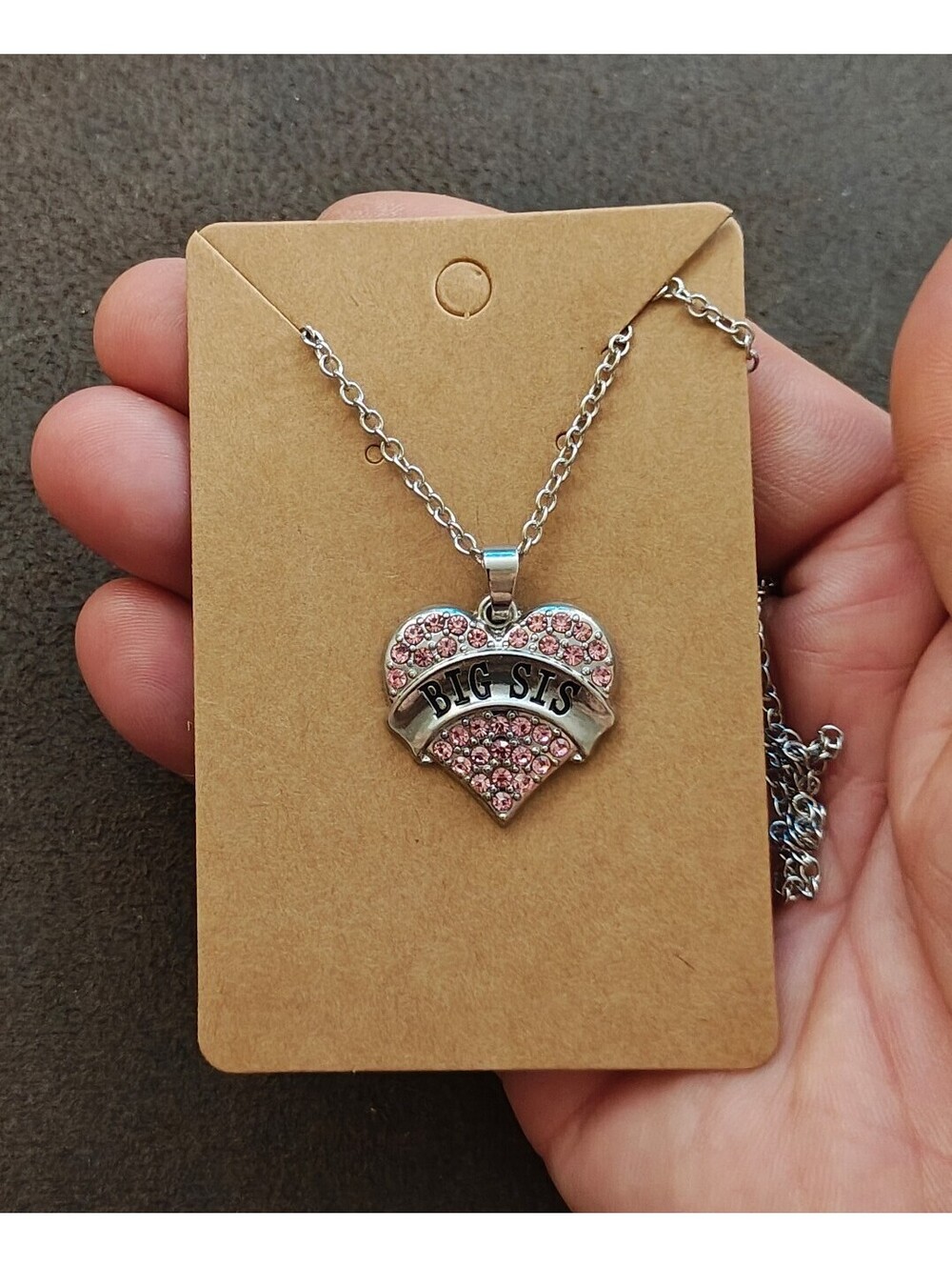 Silver Tone "Big Sis" Crystal Heart Pendant Necklace New On Card.